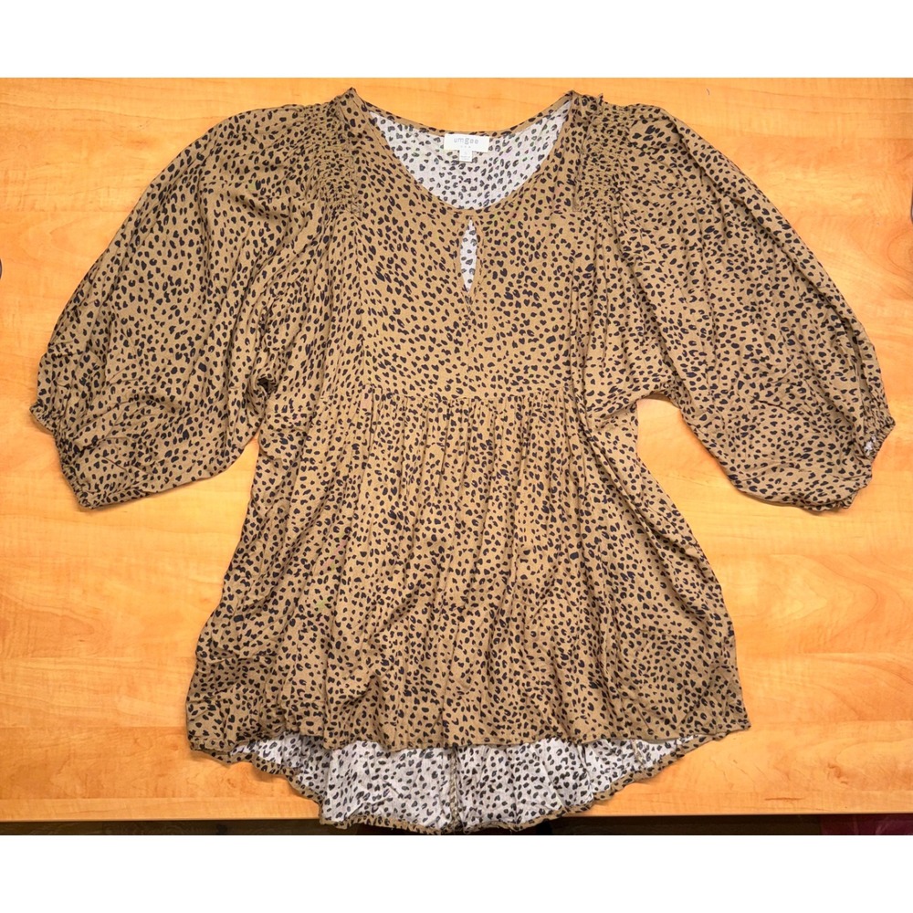 Umgee Animal Print Smocked Balloon Sleeve Babydoll Tunic Top Tan Black Small